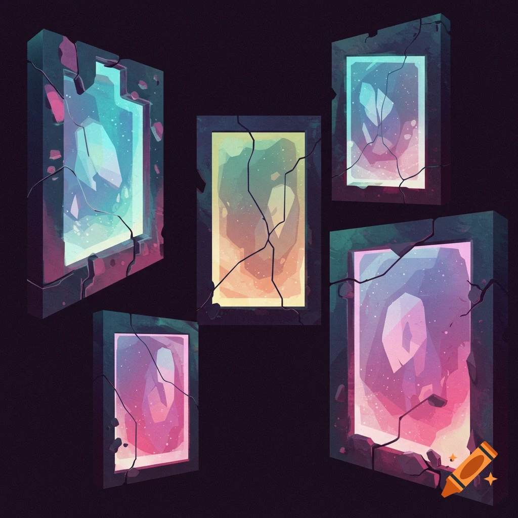 Several cracked frames containing glowing abstract shapes resembling cosmic portals