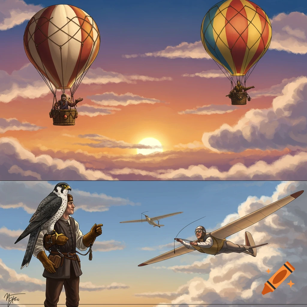 Hot air balloons, a glider, and people flying in the sky at sunset.