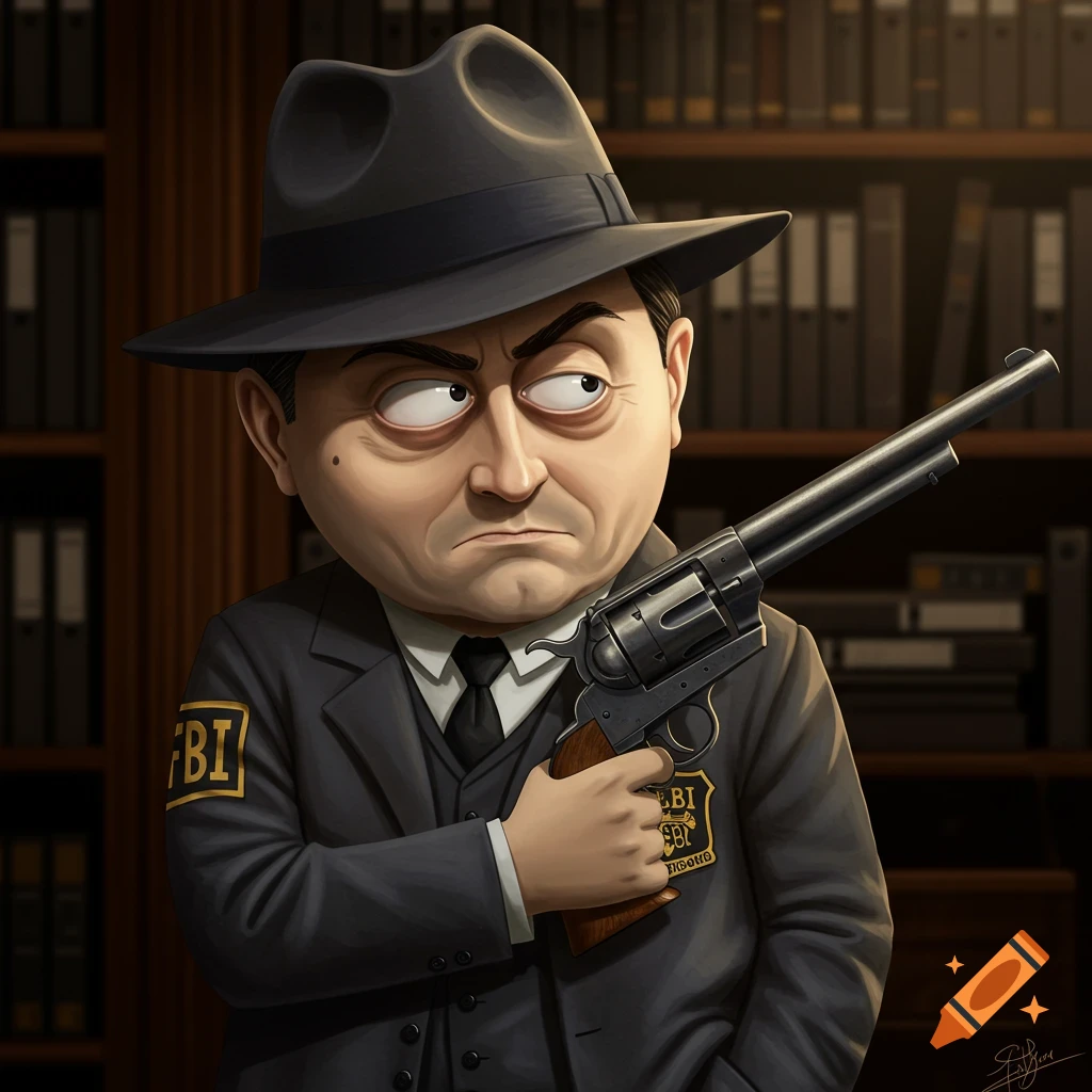Cartoonish man in a fedora and suit holds a revolver in a library.
