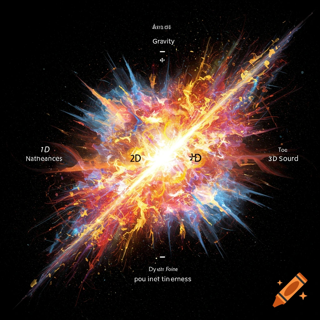 Abstract image of a colorful cosmic explosion in space with scattered text elements.