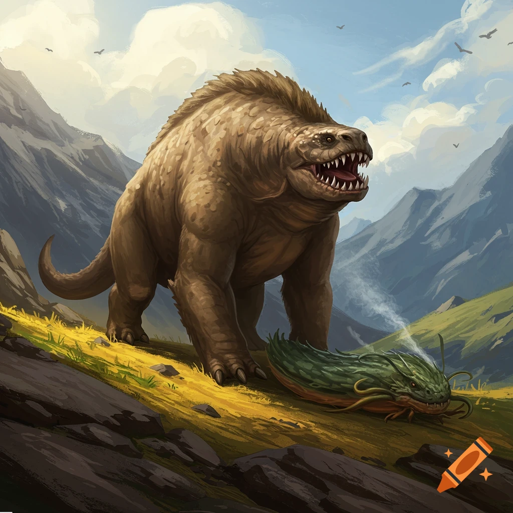 A large brown fantasy beast stands over a small green creature in a sunny mountain landscape.