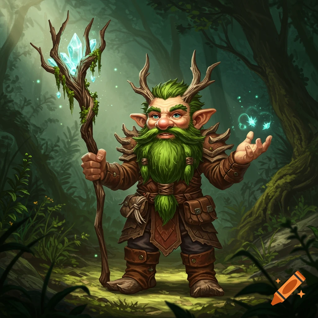 A gnome druid with a green beard holds a crystal-topped staff in a forest, magical lights float near his hand.