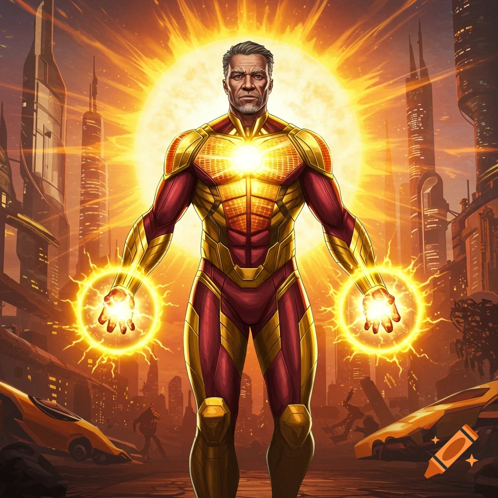 A superhero with solar energy powers stands in a futuristic city.