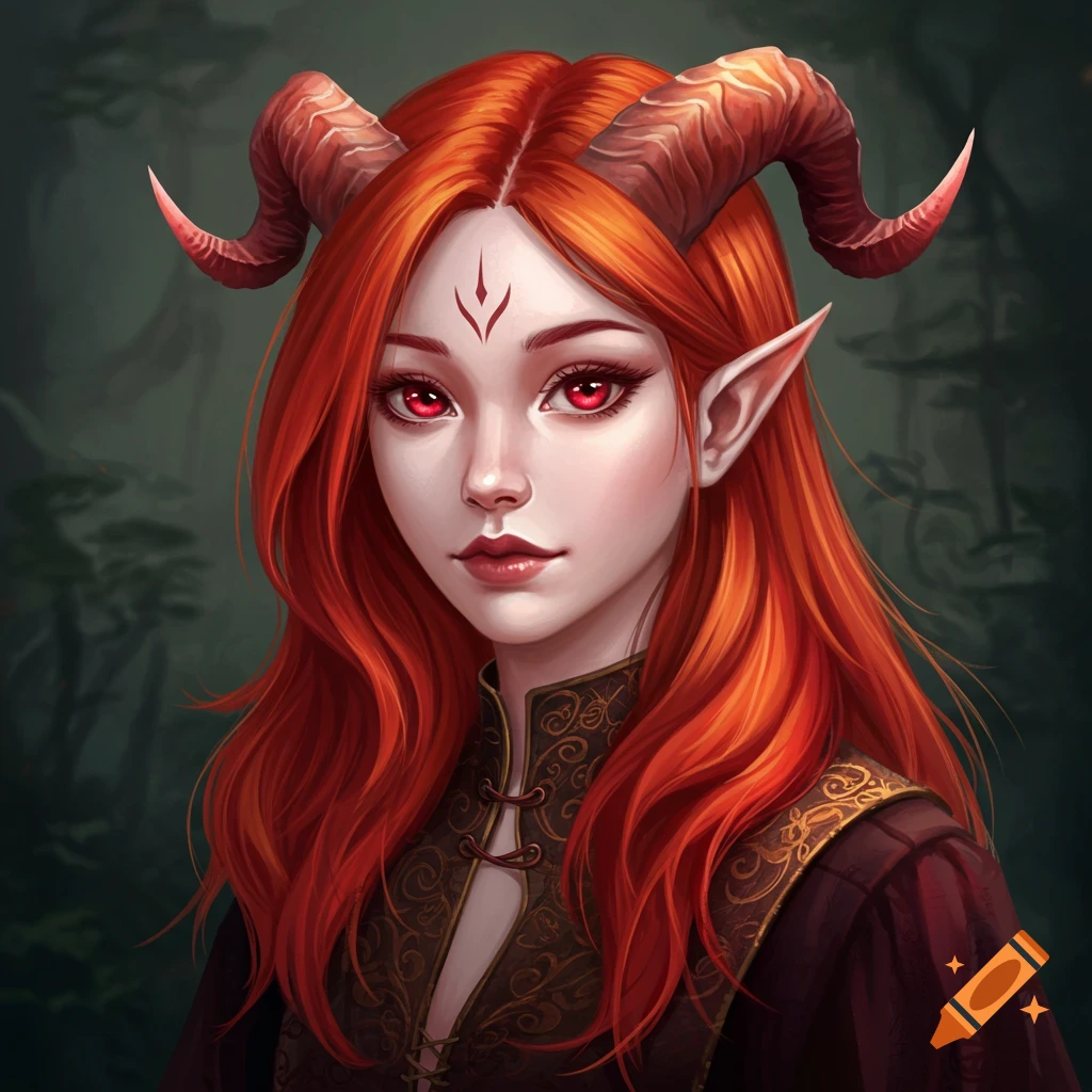 A portrait of a red-haired Tiefling girl with horns and red eyes.