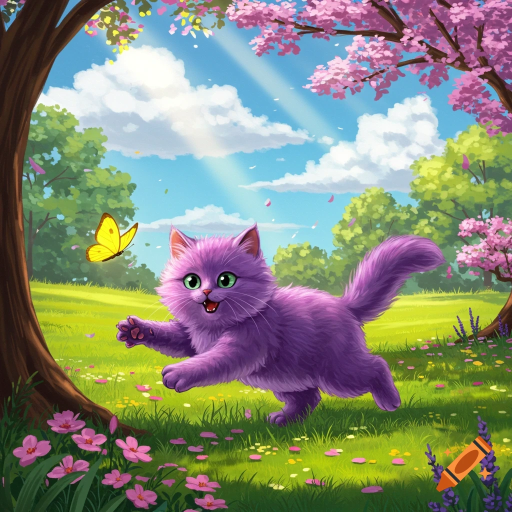 Purple cartoon cat chases a butterfly in a sunny park with pink flowers and blossoming trees.