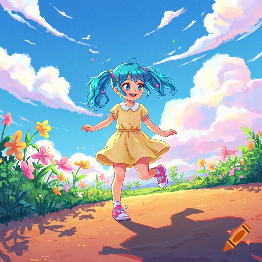 Anime style depiction of a young girl with blue pigtails running in a sunny park field with flowers.