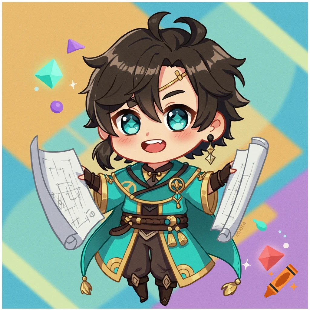Chibi Kaveh from Genshin Impact holding scrolls in a colorful background.