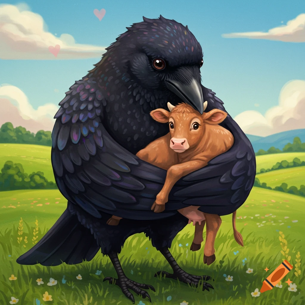 A giant black crow gently holds a small brown cow in its wings in a sunny green field with hearts in the sky.
