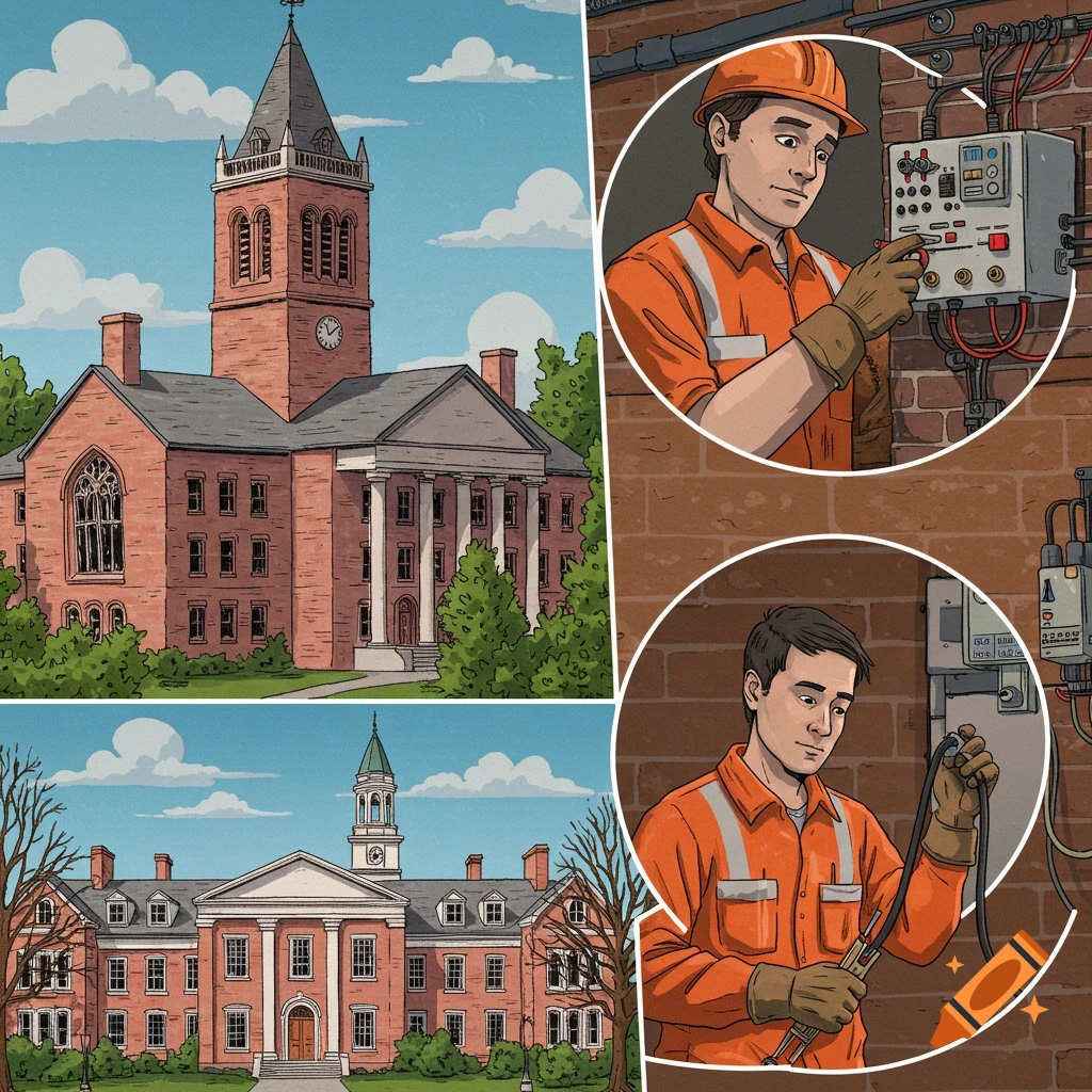 Illustration of two university buildings and an electrician working on electrical panels.