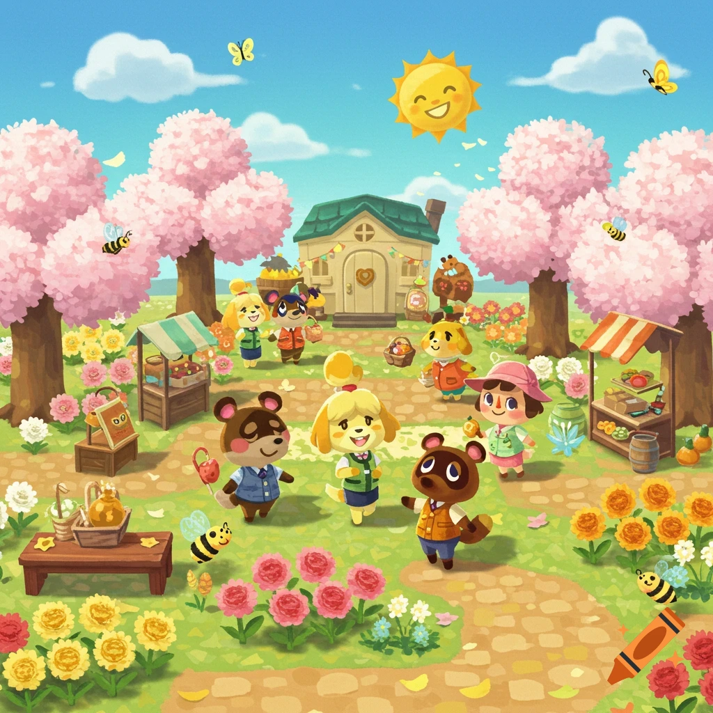 Animal Crossing characters gather in a vibrant spring scene with cherry blossom trees, flowers, market stalls, and a house.