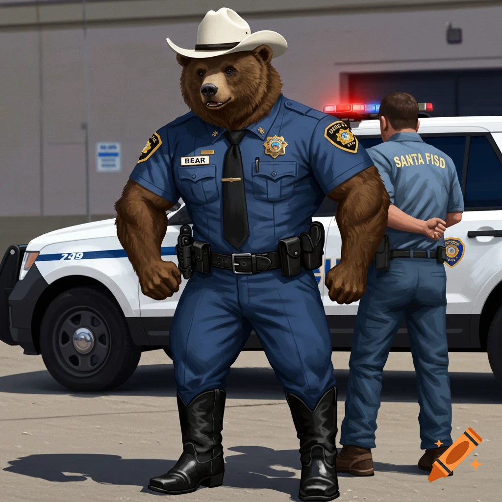 A bear police officer in a cowboy hat and boots arresting a person near a patrol car.