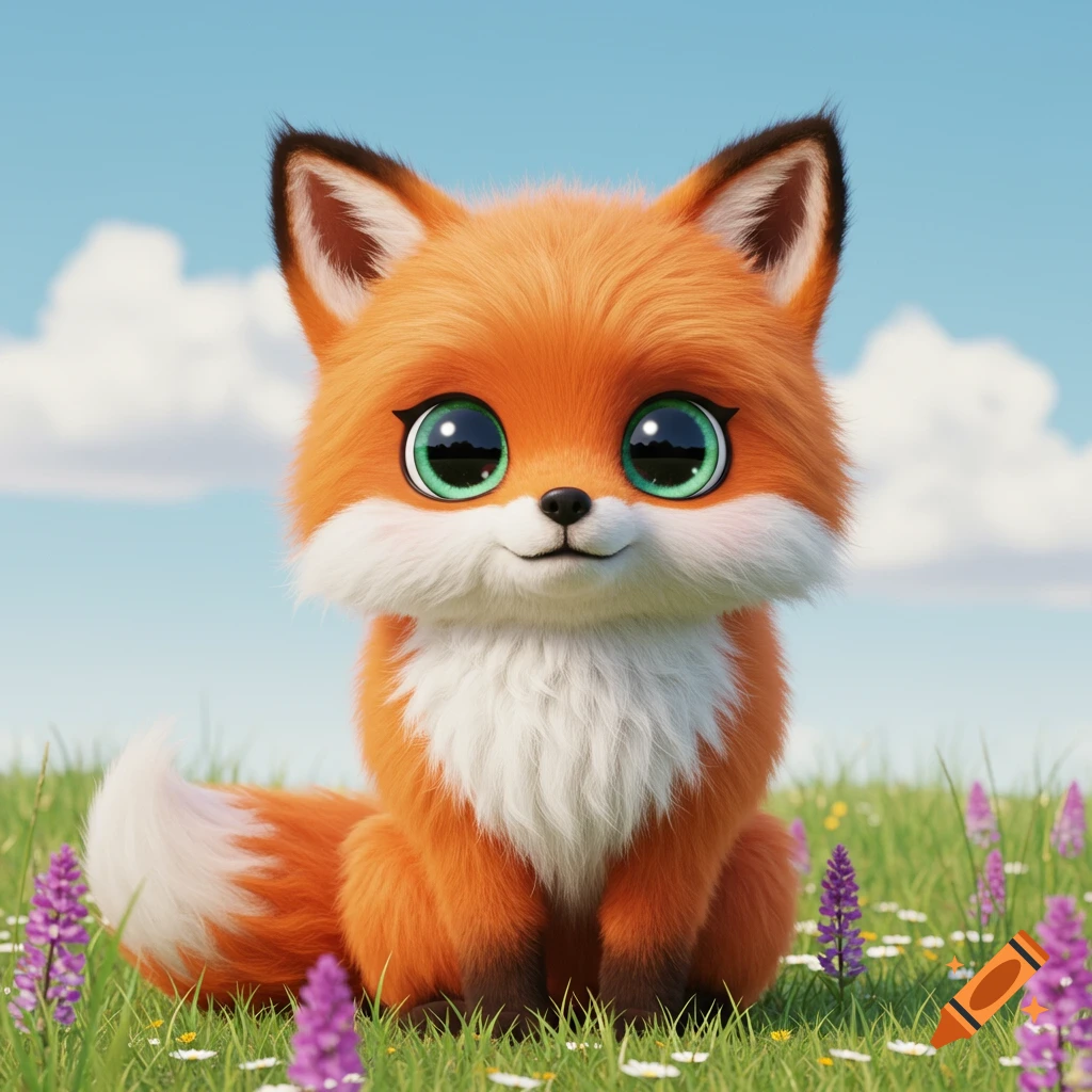 An adorable cartoon fox with big green eyes sits in a field of grass and purple flowers.