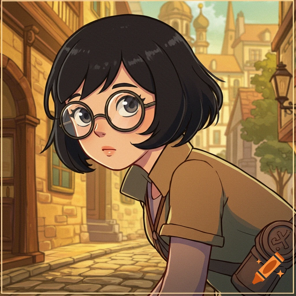 Cartoon illustration of a young woman with glasses in a town street, in Professor Layton style.