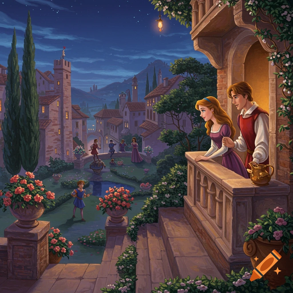 Animated couple on a balcony overlooking a moonlit garden and town.