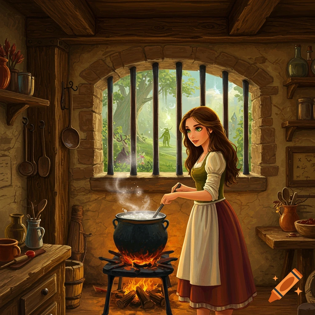 Fairytale painting of a woman cooking a pot over a fire in a rustic kitchen with a barred window looking into a fantasy forest.