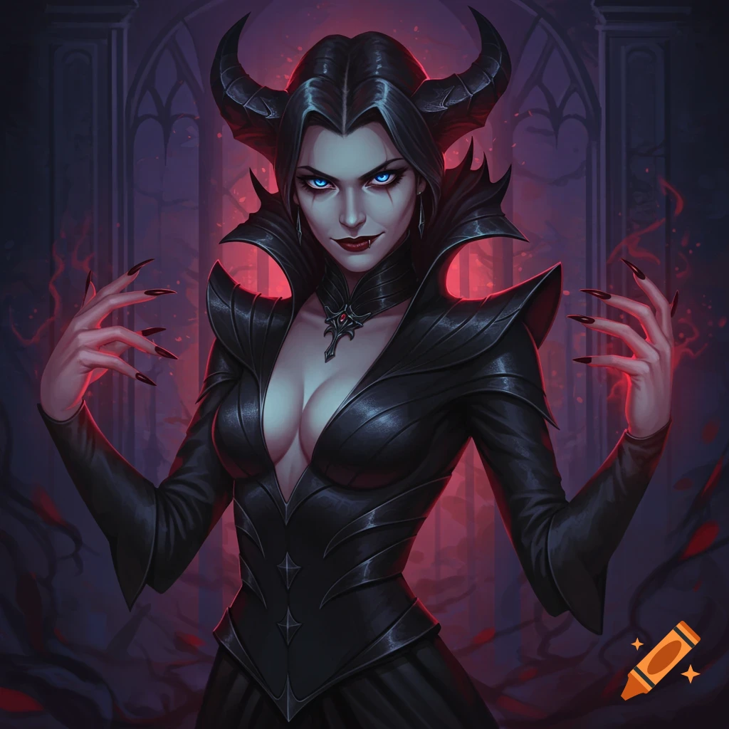 A villainous woman with horns and glowing eyes.