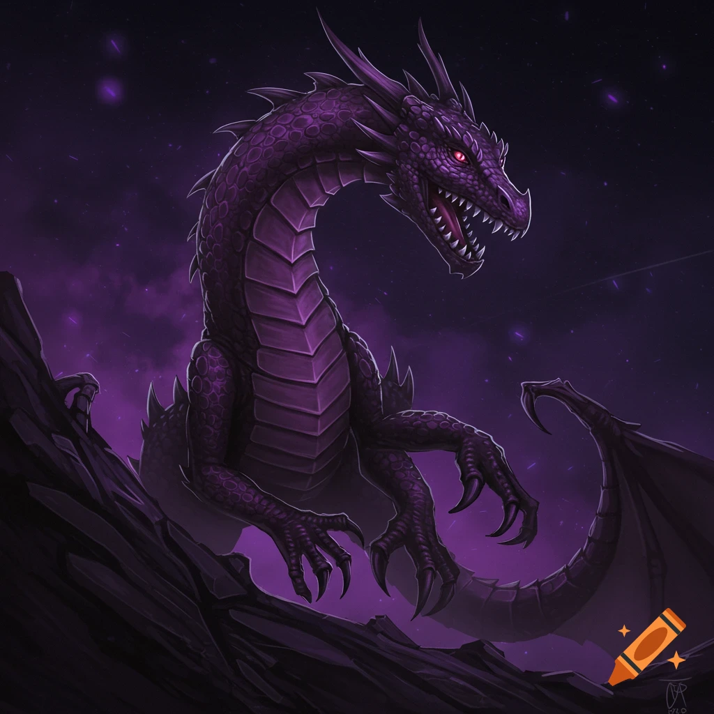 A purple dragon with red eyes perched on rocks against a dark purple sky.
