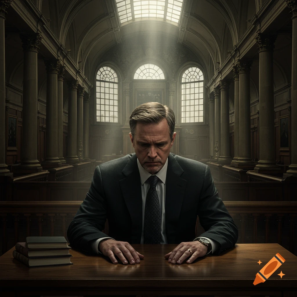 A sad lawyer sits at a desk in a courtroom with light streaming from above.