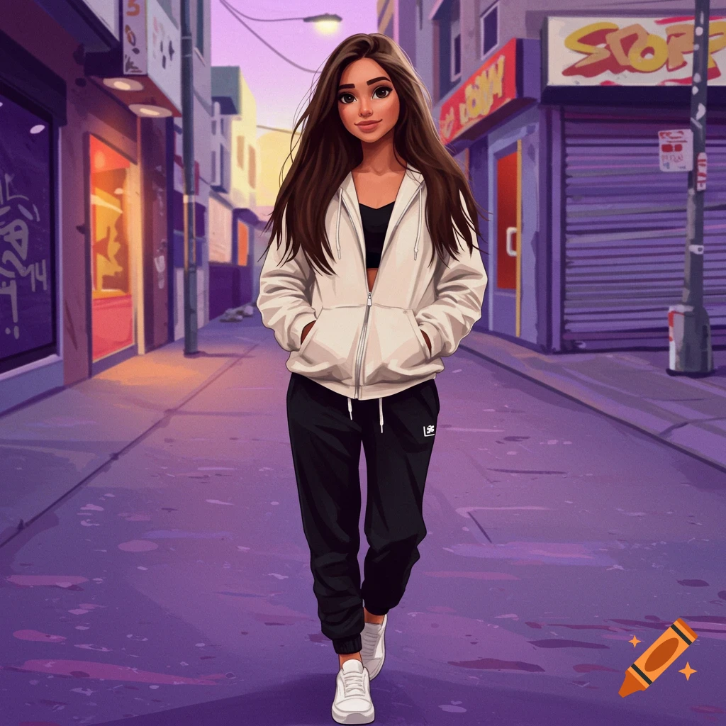 A young woman walking down a city street at sunset, wearing a white hoodie and black sweatpants.