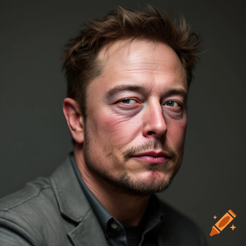 Close-up portrait resembling Elon Musk with exaggerated tired eyes and red cheeks