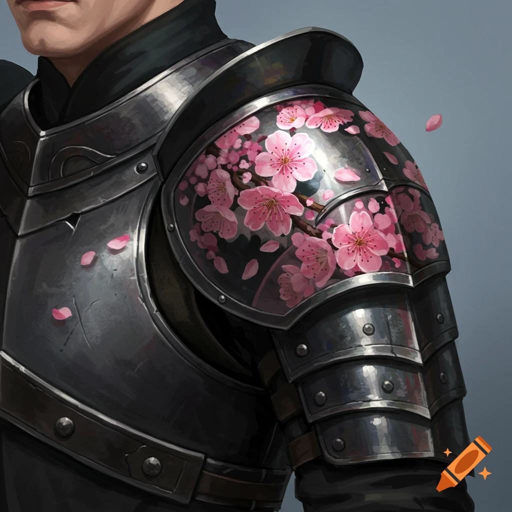 Close-up of black shoulder armor adorned with pink cherry blossoms and falling petals.