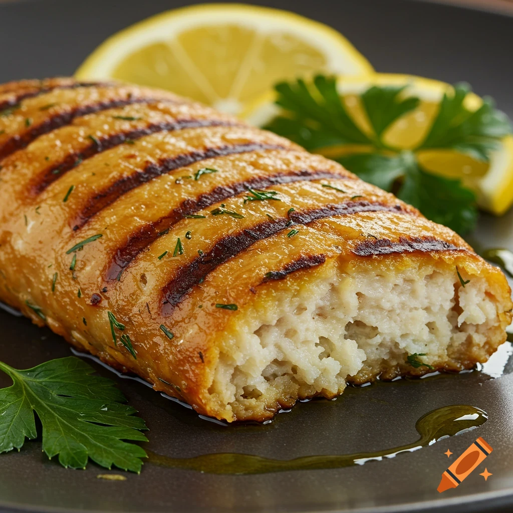 Close-up of grilled fish on a plate with lemon and parsley.