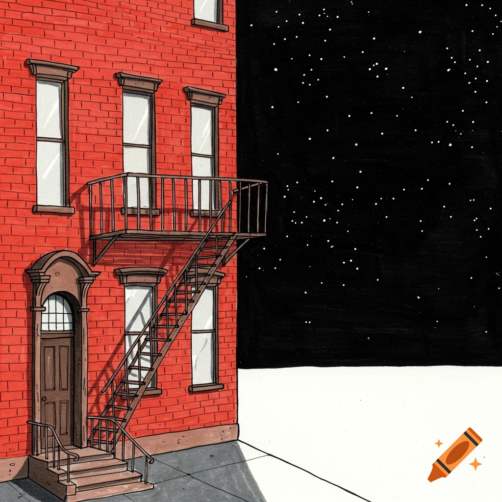 Illustration of a red brick building with a fire escape under a starry night sky.