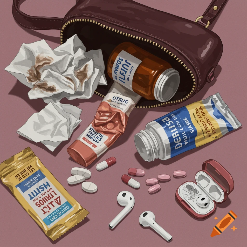 Crumpled tissues, tubes, pills, wrapper, and earbuds spilling from a purse.