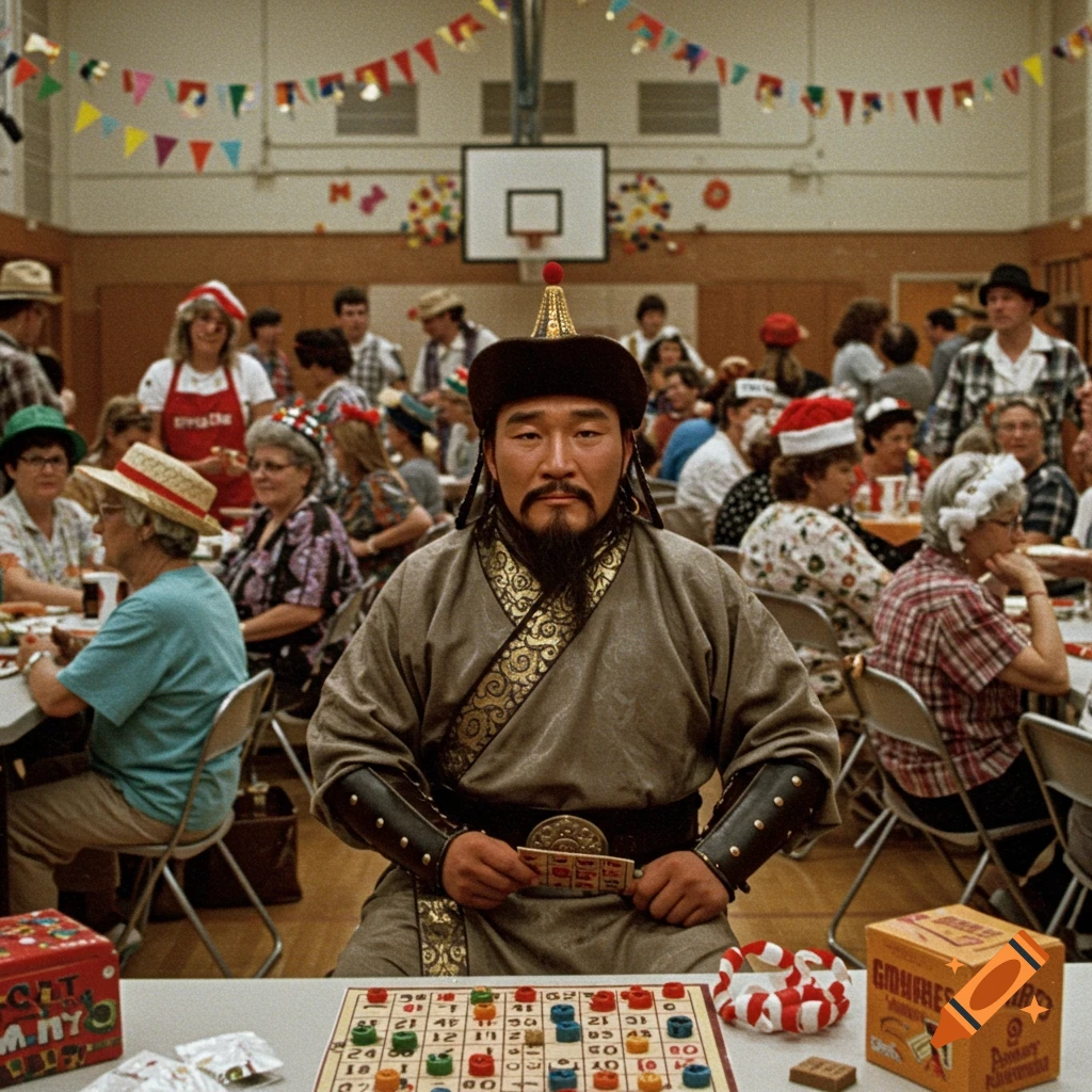 Man dressed as Genghis Khan playing bingo in a crowded school gymnasium.