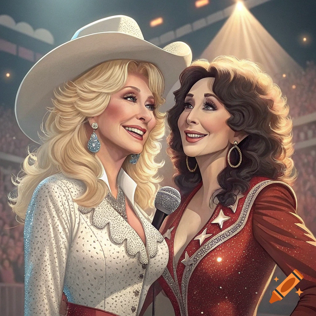 Two women resembling Dolly Parton and Cher in sequined stage costumes on a concert stage with a microphone.