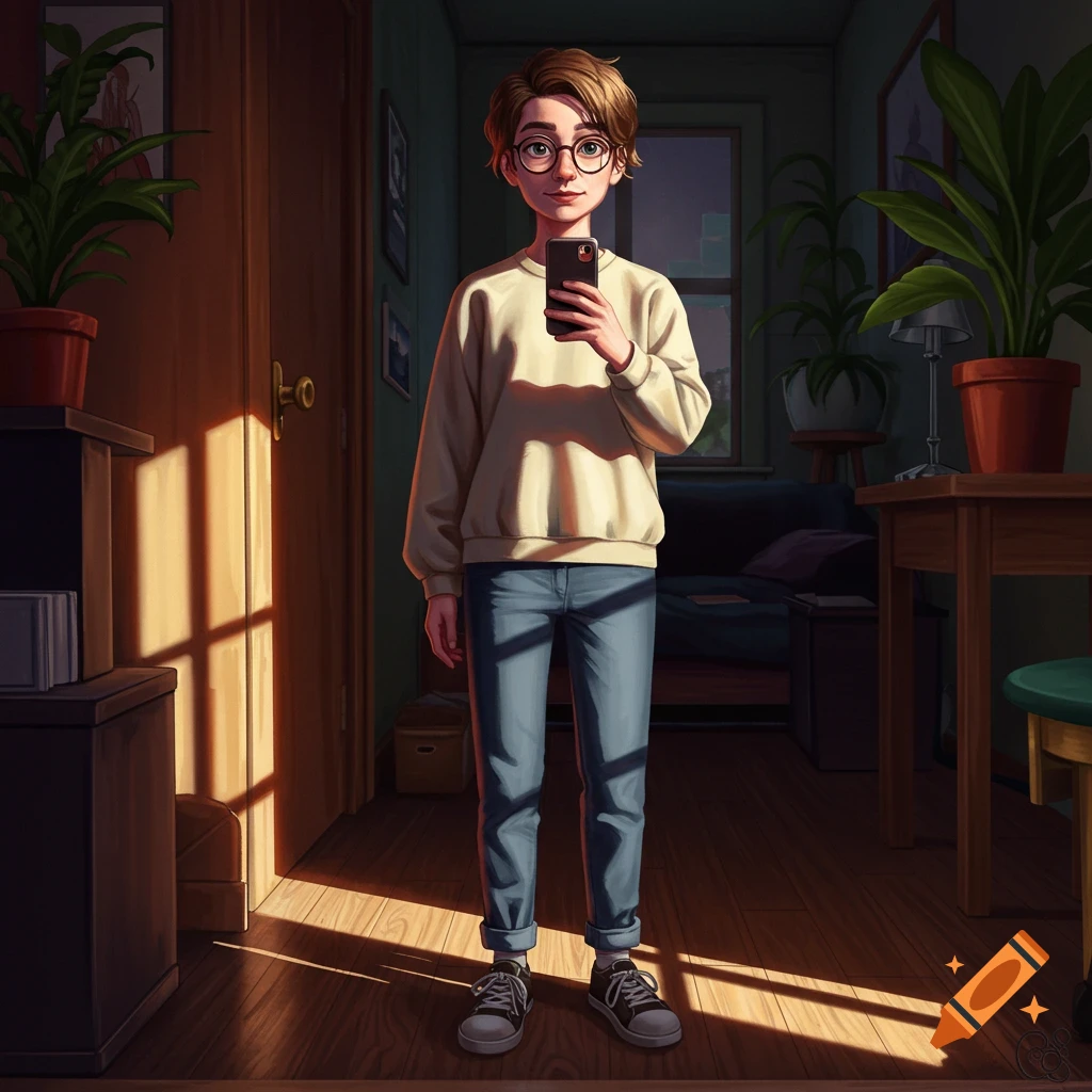 A person with glasses taking a selfie in a sunlit room