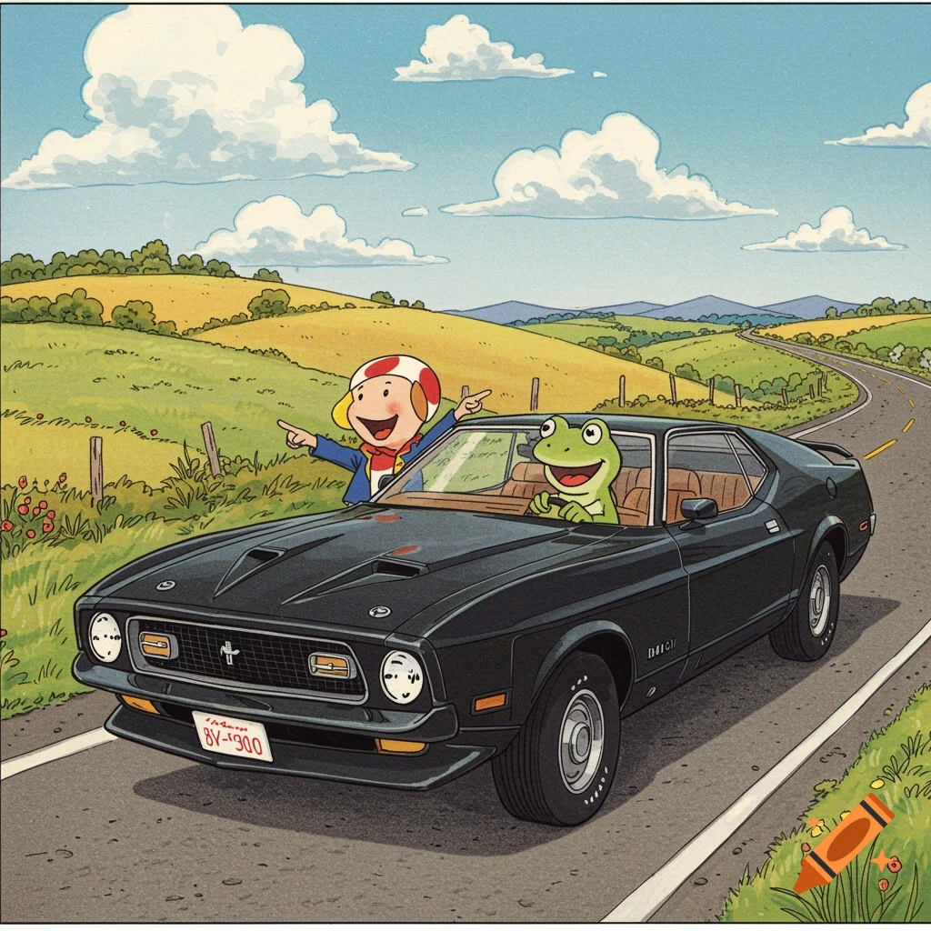 Frog and Toad in a black Mustang driving on a country road, illustration.