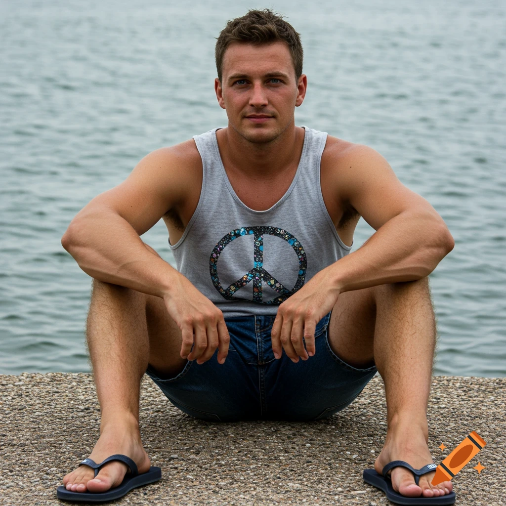 A man wearing a grey tank top with a colorful peace symbol sits by the water in flip-flops and shorts.