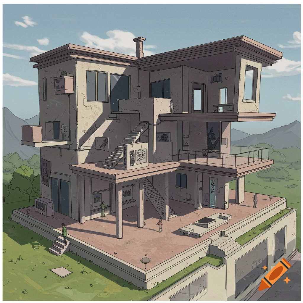A surreal, multi-level building combining elements of a home and museum, with small figures in a landscape.