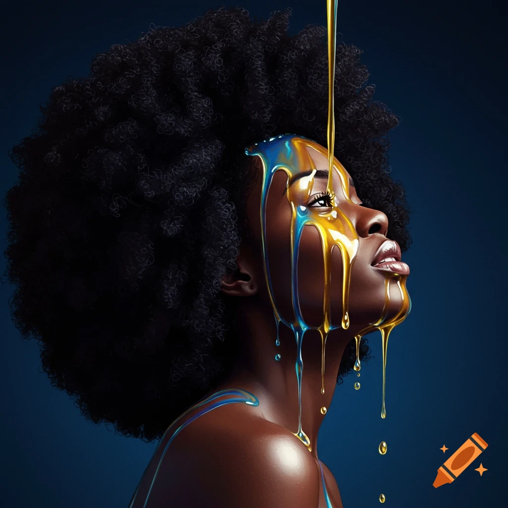 A black woman with an afro and glowing skin, with gold and blue oil dripping down her face.