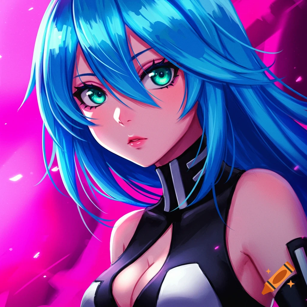 Anime style portrait of a girl with bright blue hair and green eyes wearing a black and white futuristic outfit against a pink background.