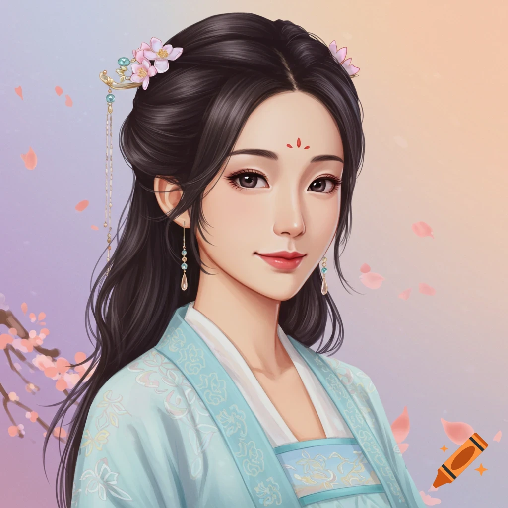 An Asian woman in traditional blue clothing with flowers