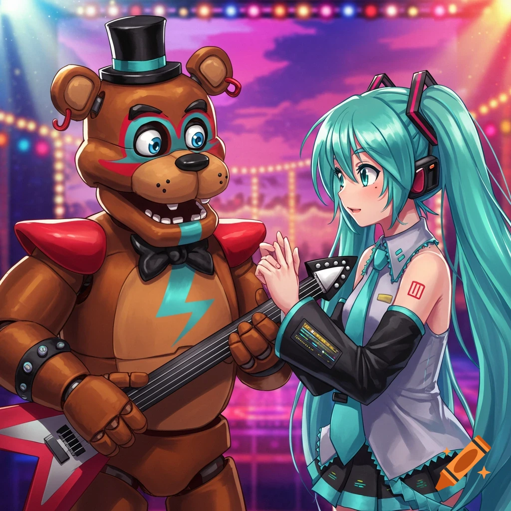 Freddy Fazbear and Hatsune Miku play guitar on stage.