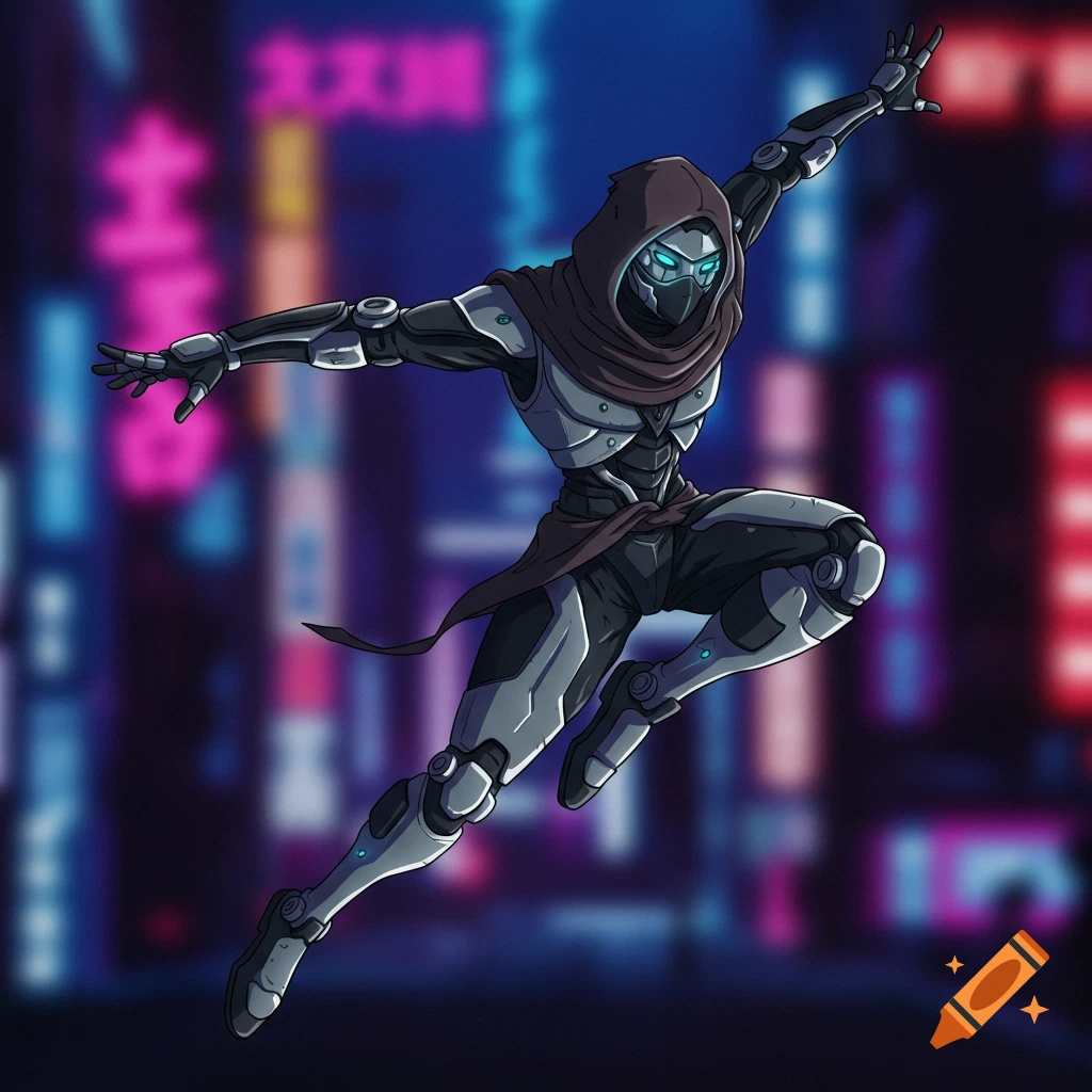 A futuristic ninja android leaps in a city with neon lights.