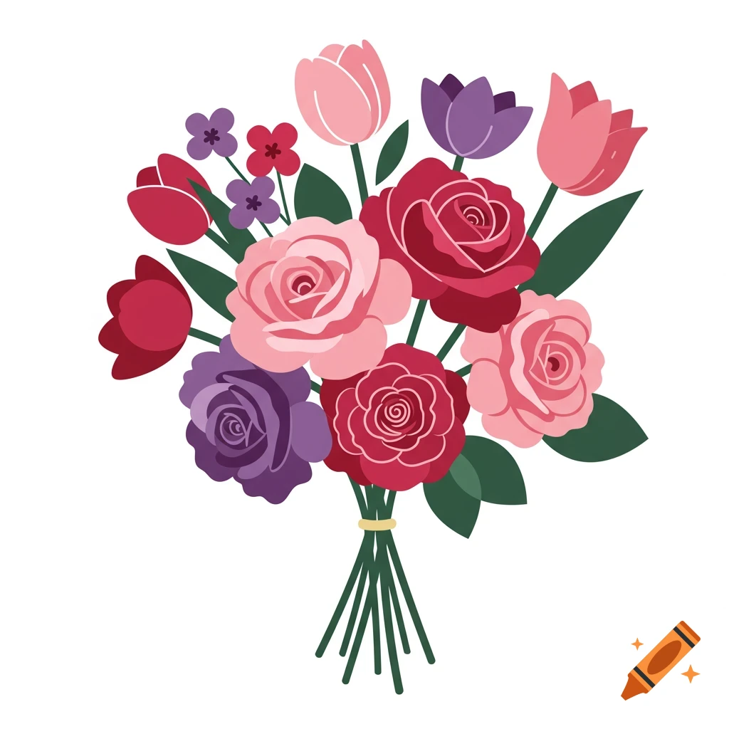 A vector graphic of a bouquet of pink, red, and purple flowers.