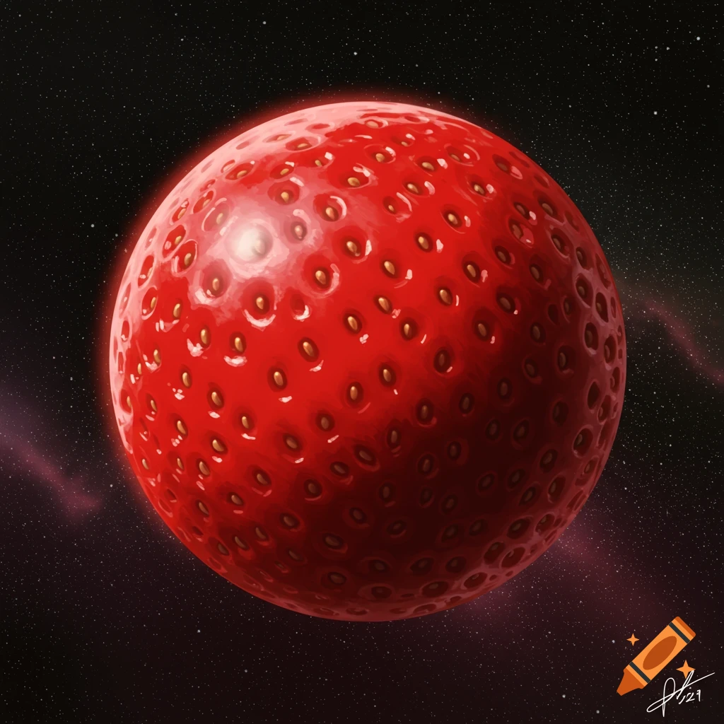 A giant red strawberry planet in space with stars and nebulae.