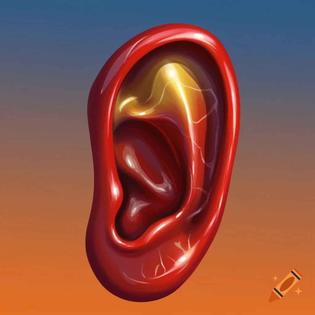 Close-up of a stylized red human ear with golden highlights and visible veins, against a gradient background.