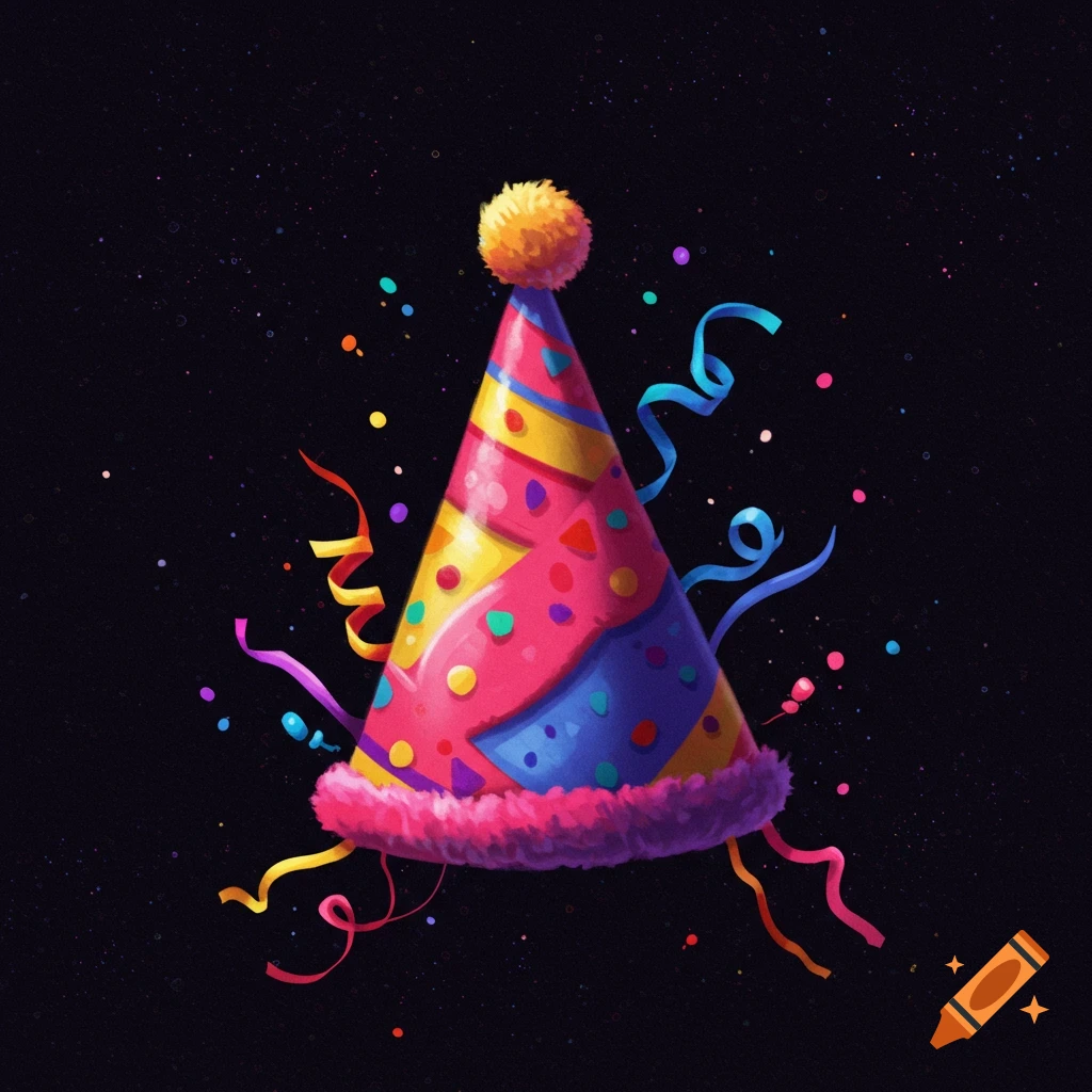 Colorful party hat with streamers and confetti on a dark background