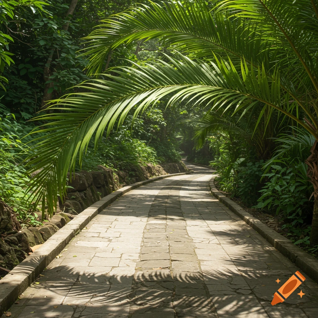 A winding stone path goes through a jungle with palm leaves overhead.