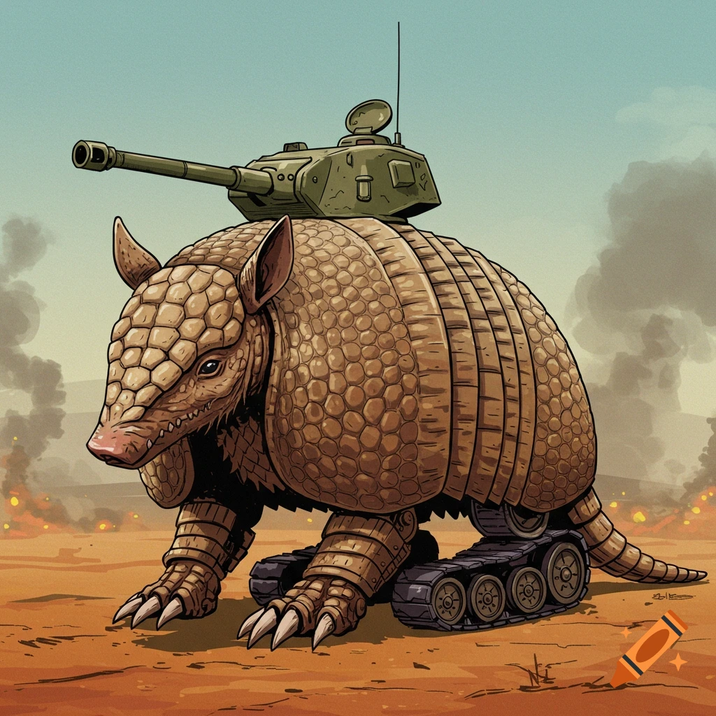 A creature blending an armadillo and a tank walking through a desert landscape.