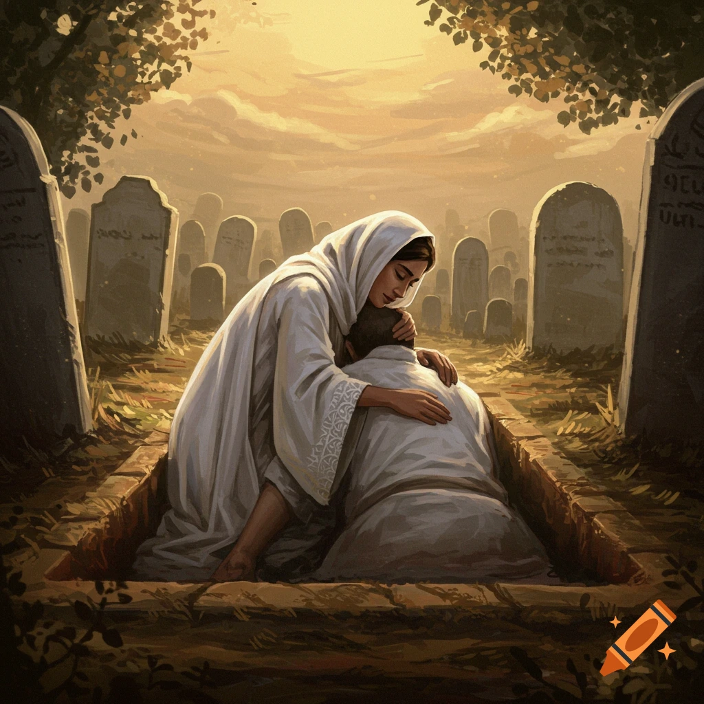 A person in white embraces another in a grave in a cemetery at sunset.