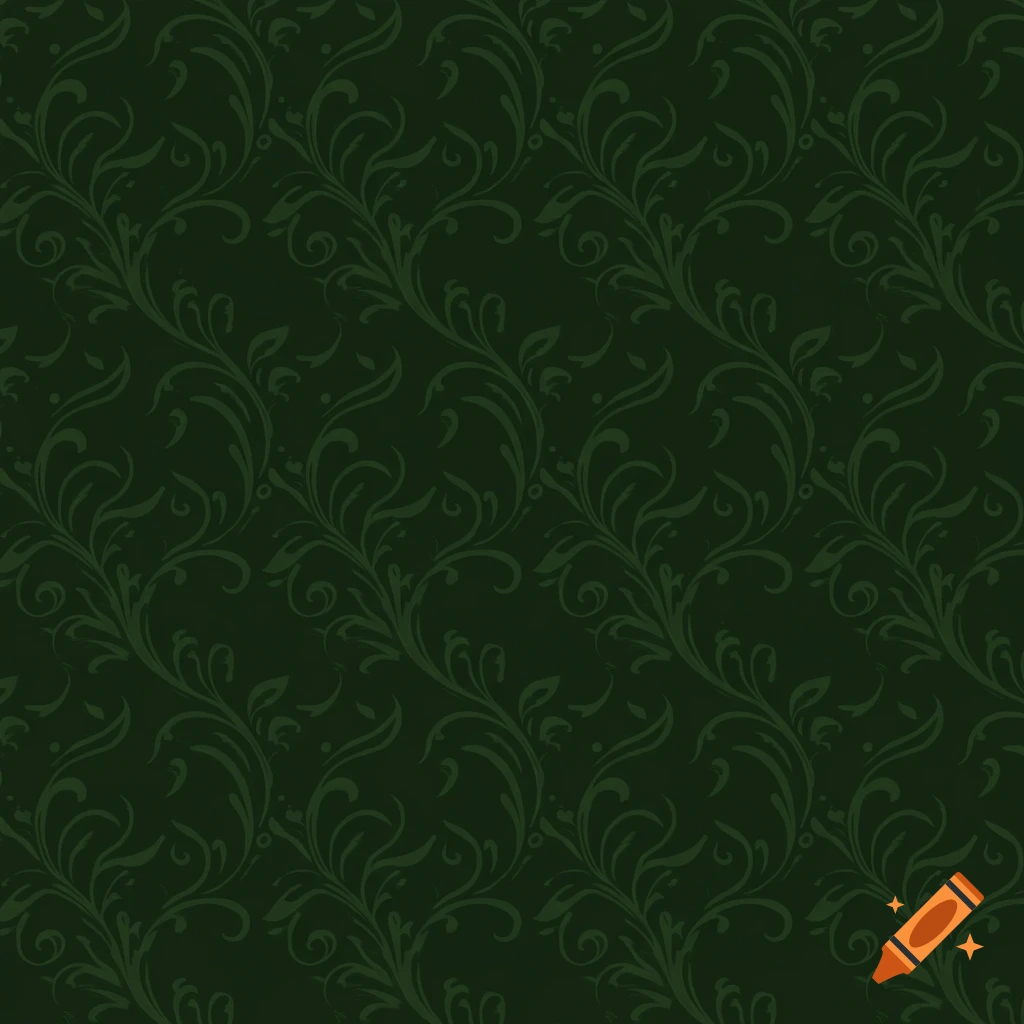 A dark green background with a repeating pattern of darker green swirling vines.