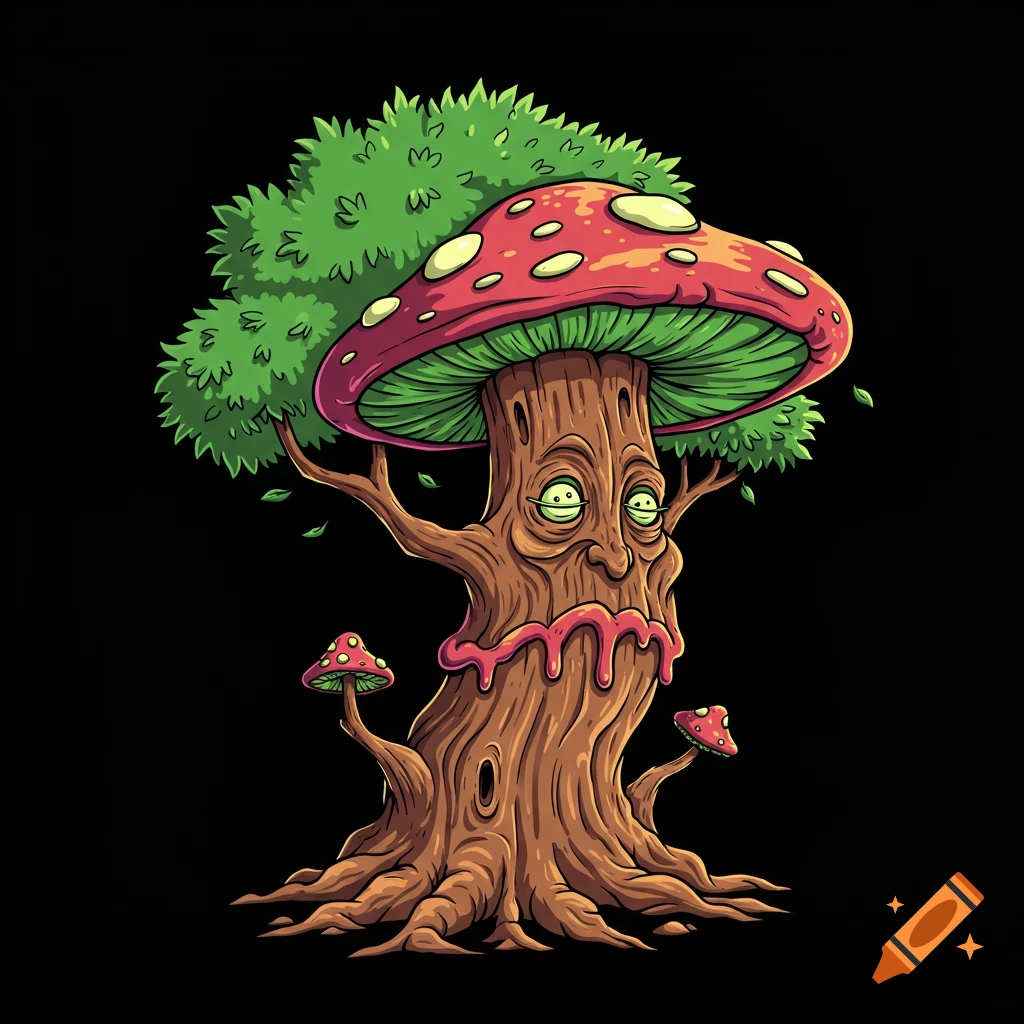 Cartoon illustration of a tree creature with a mushroom cap, looking confused and melting, on a black background.