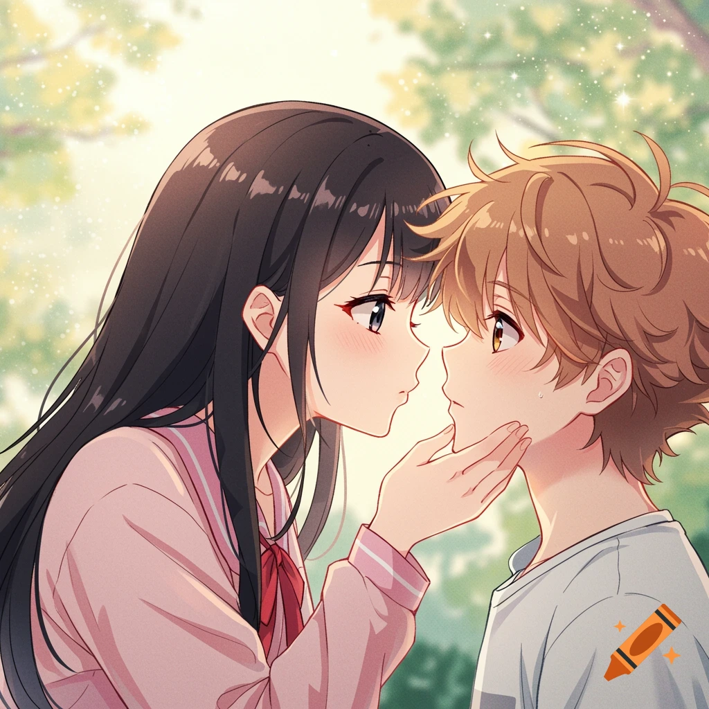 Anime couple looking at each other, girl touching boy's face in a park setting.