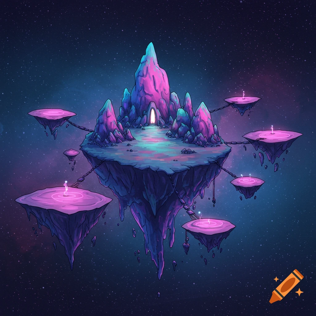 Digital illustration of purple floating islands in space connected by chains, with small figures on them.